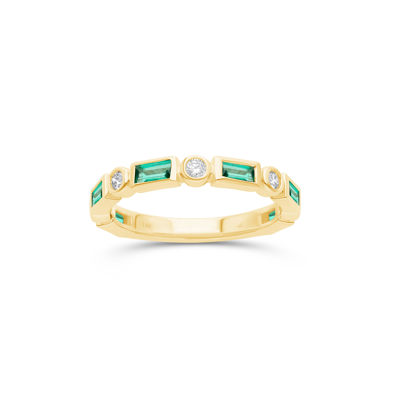 14K Yellow Gold Bezel Set Emerald and Diamond Ring